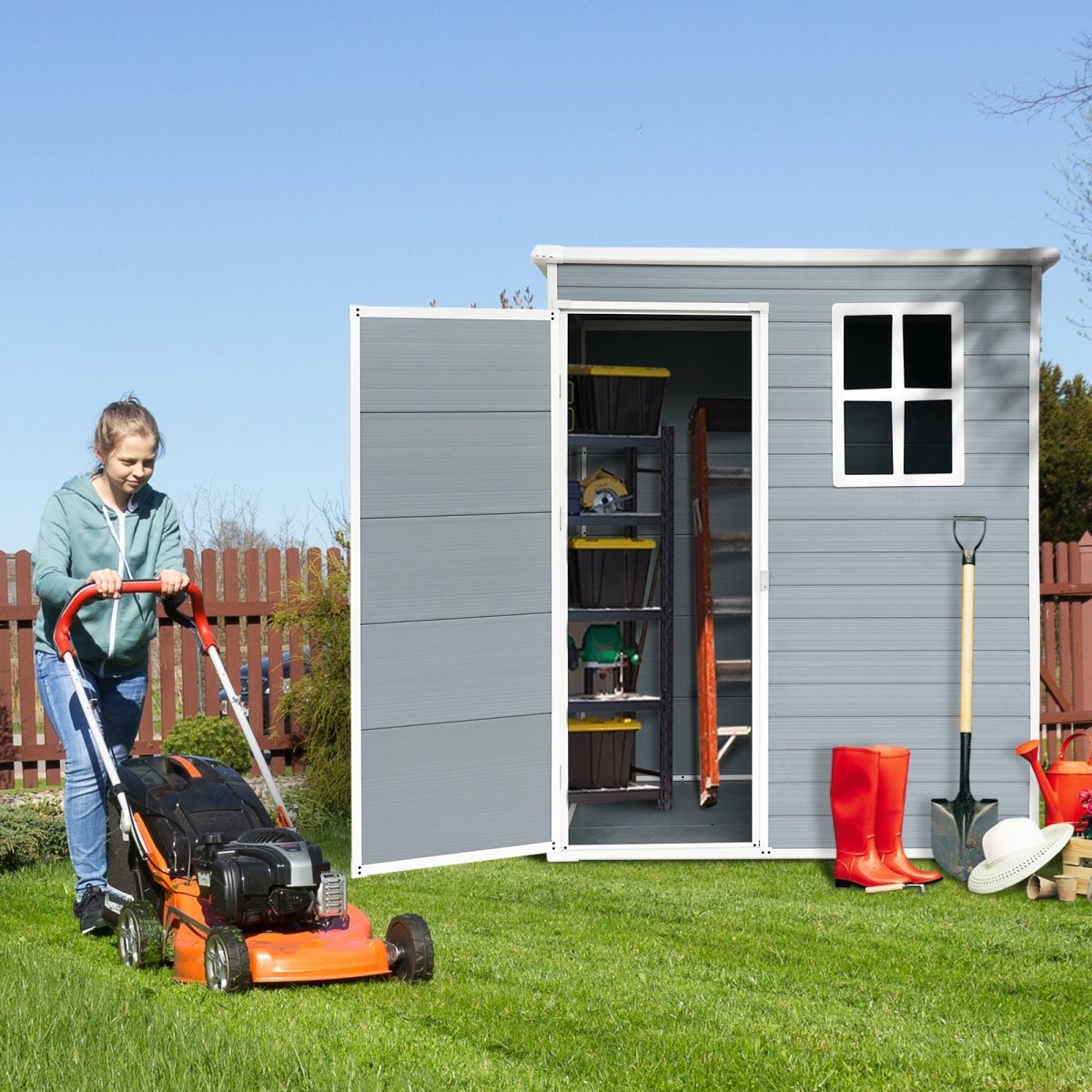 5ft x 3ft Resin Outdoor Storage Shed Plastic Garden Sheds with Floor and Lockable Door for Backyard, Lawn, Grey - HomeDIYer