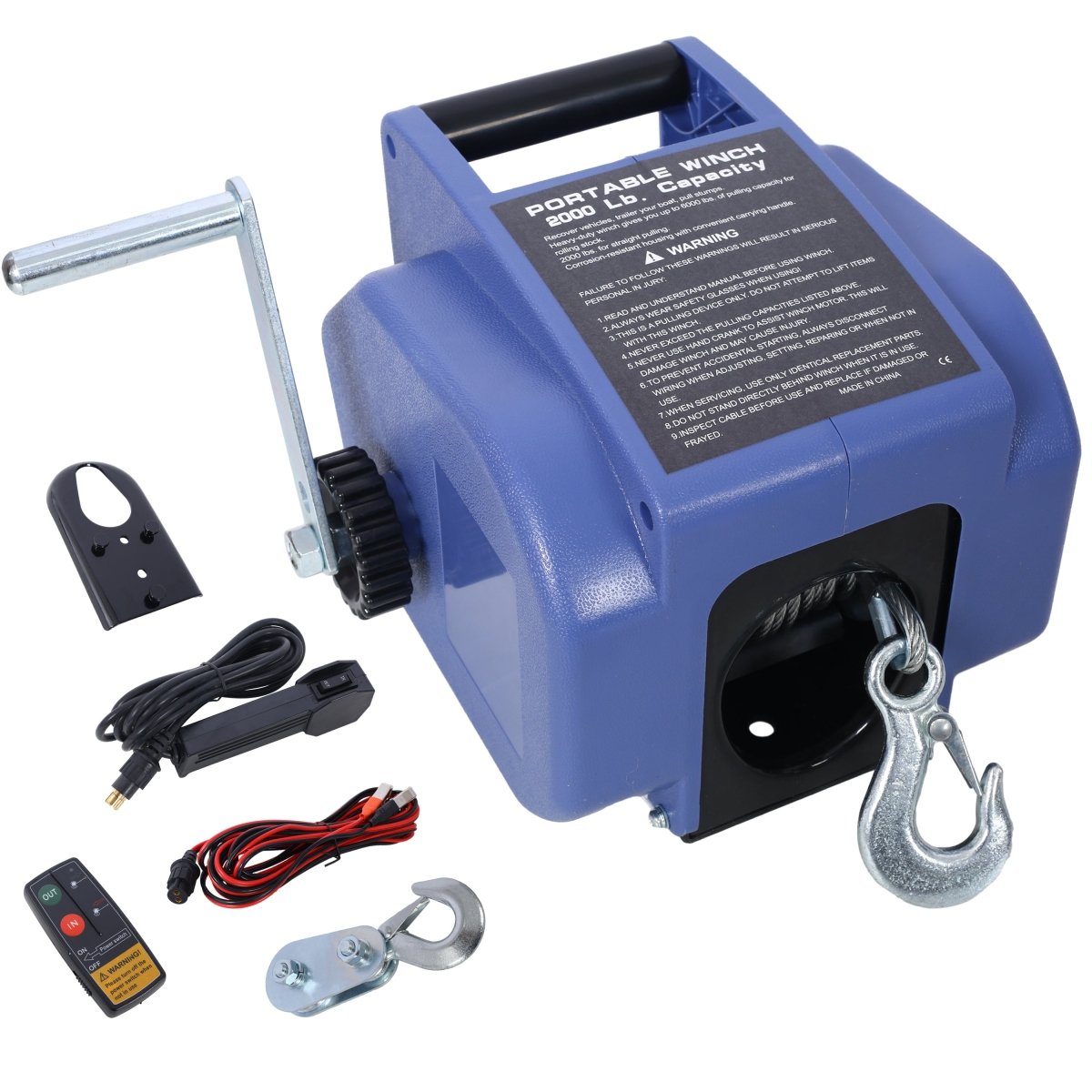 12v Trailer Winch,Reversible Electric Winch, for Boats up to 5000 lbs, Galvanized Wire Rope, with extra pulley hook, Rapid Mount, wirelss remote control,power in and power out.blue plastic casing - HomeDIYer
