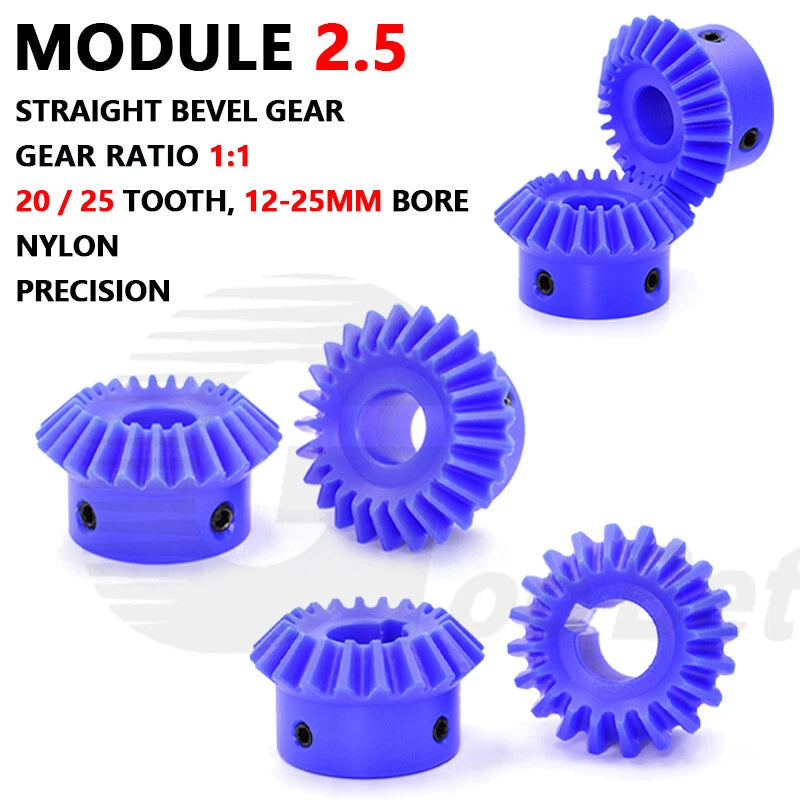 Module 2.5 Nylon Bevel Gear 90° 1:1 Pairing Miter Gear 20T 25T 12-25mm Bore Blue