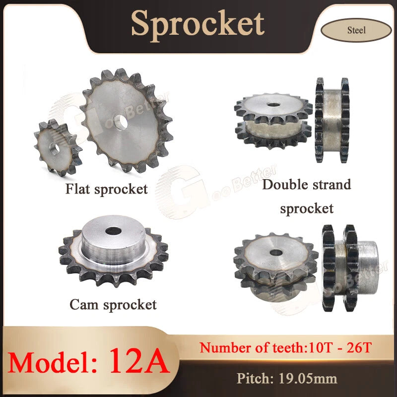 12A Sprocket Wheel 10~26T Roller Chain Sprockets Pitch 19.05mm 45#-A3# Steel