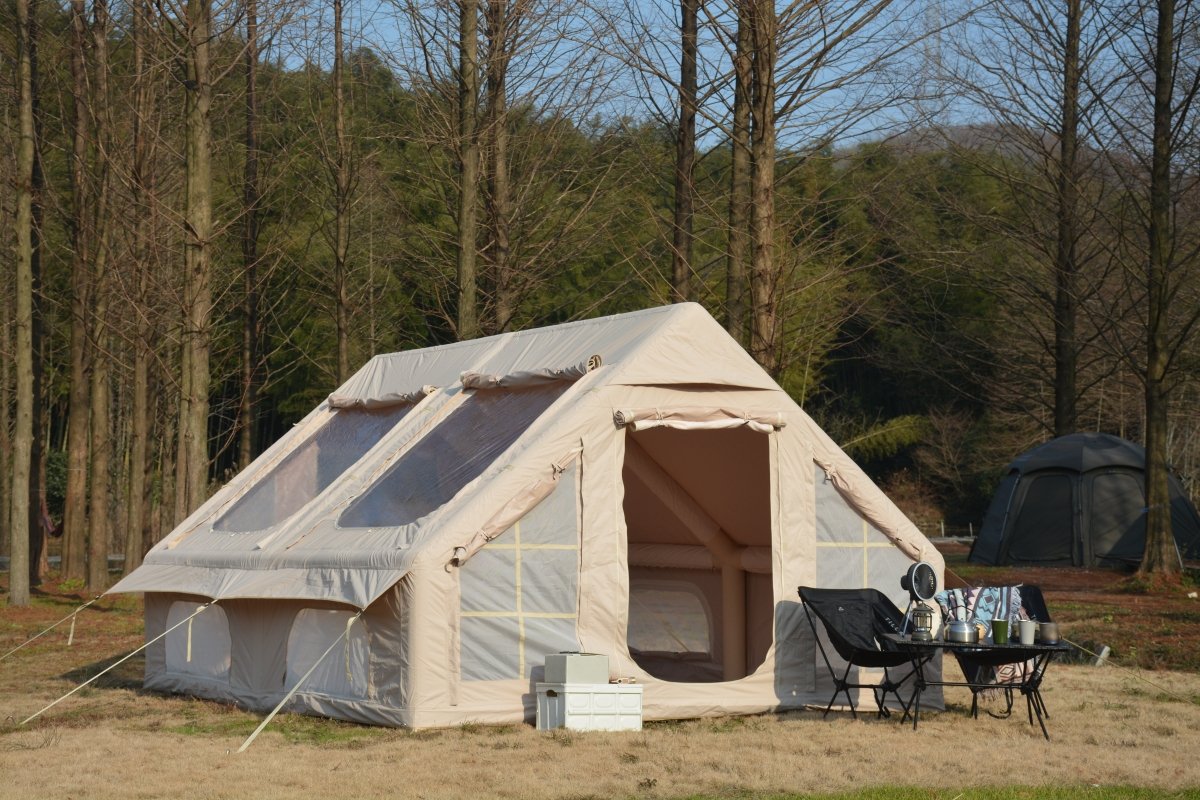 9.8 x13ft Inflatable Camping Tents with Hand Pump, Air Glamping Tents, Easy Setup Waterproof and Windproof Blow up Tent, 4 Seasons Oxford Cabin Tent with Mesh & Chimney Window. Beige - HomeDIYer