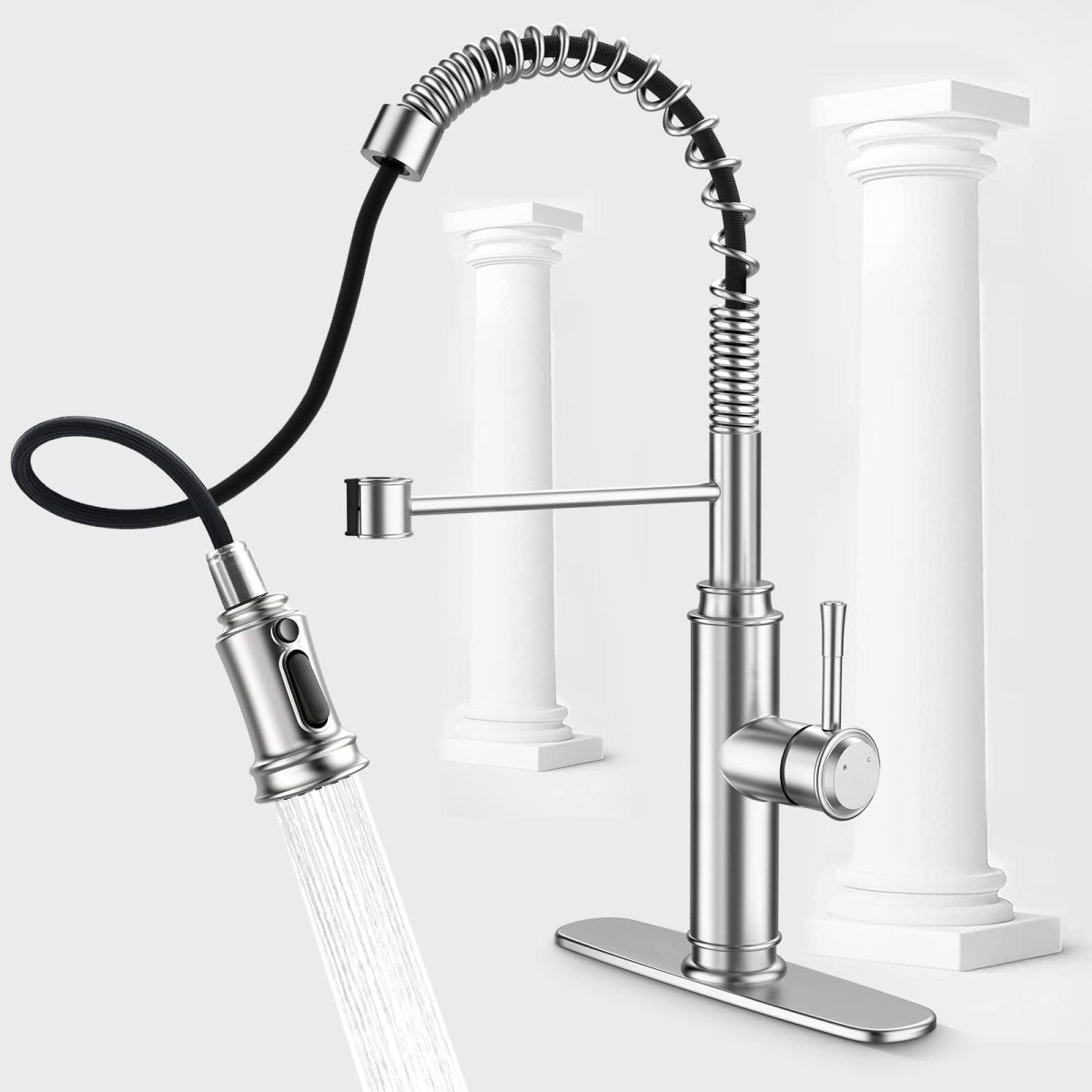 Kitchen Faucet - Spring Kitchen Sink Faucet with 3 Modes Pull Down Sprayer, Single Handle&Deck Plate for 1or3 Holes, 360° Rotation, Spot Resist Stainless Steel No Lead for RV Bar Home - HomeDIYer