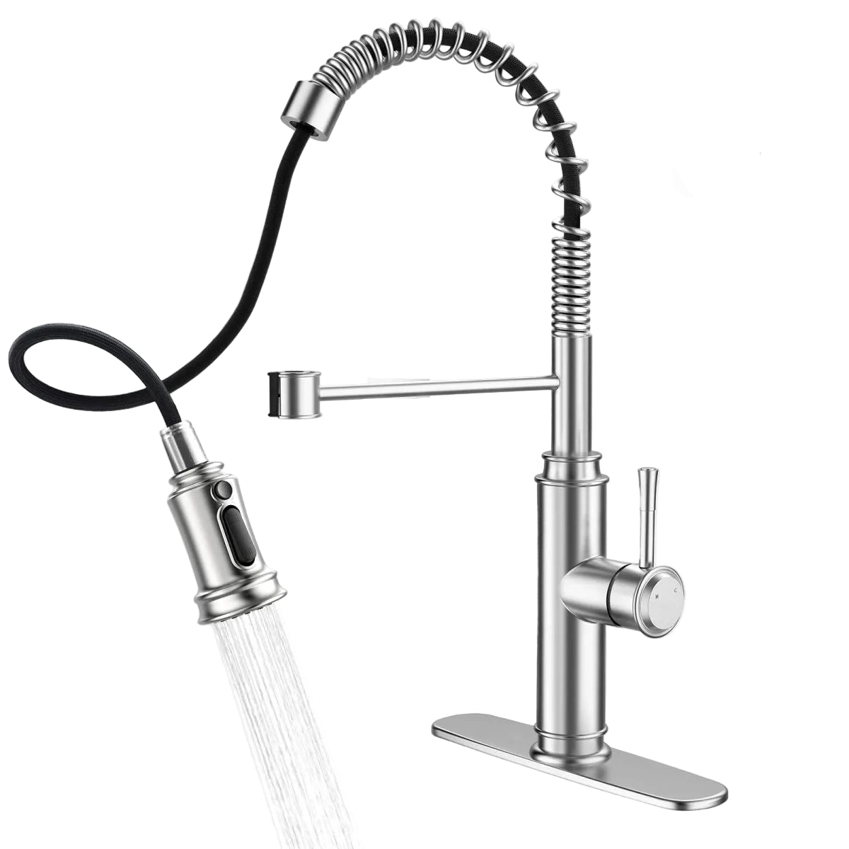 Kitchen Faucet - Spring Kitchen Sink Faucet with 3 Modes Pull Down Sprayer, Single Handle&Deck Plate for 1or3 Holes, 360° Rotation, Spot Resist Stainless Steel No Lead for RV Bar Home - HomeDIYer