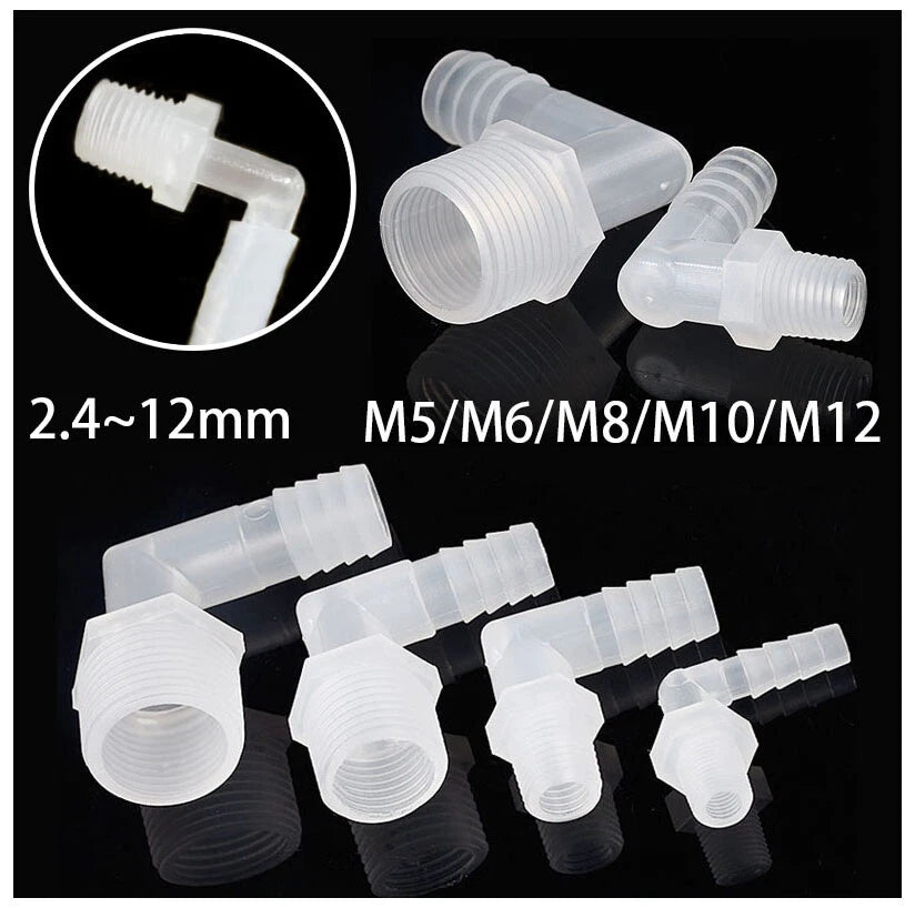 90° Elbow Hose Barb Fitting with External Thread — Plastic Tube Connector M5 to M12