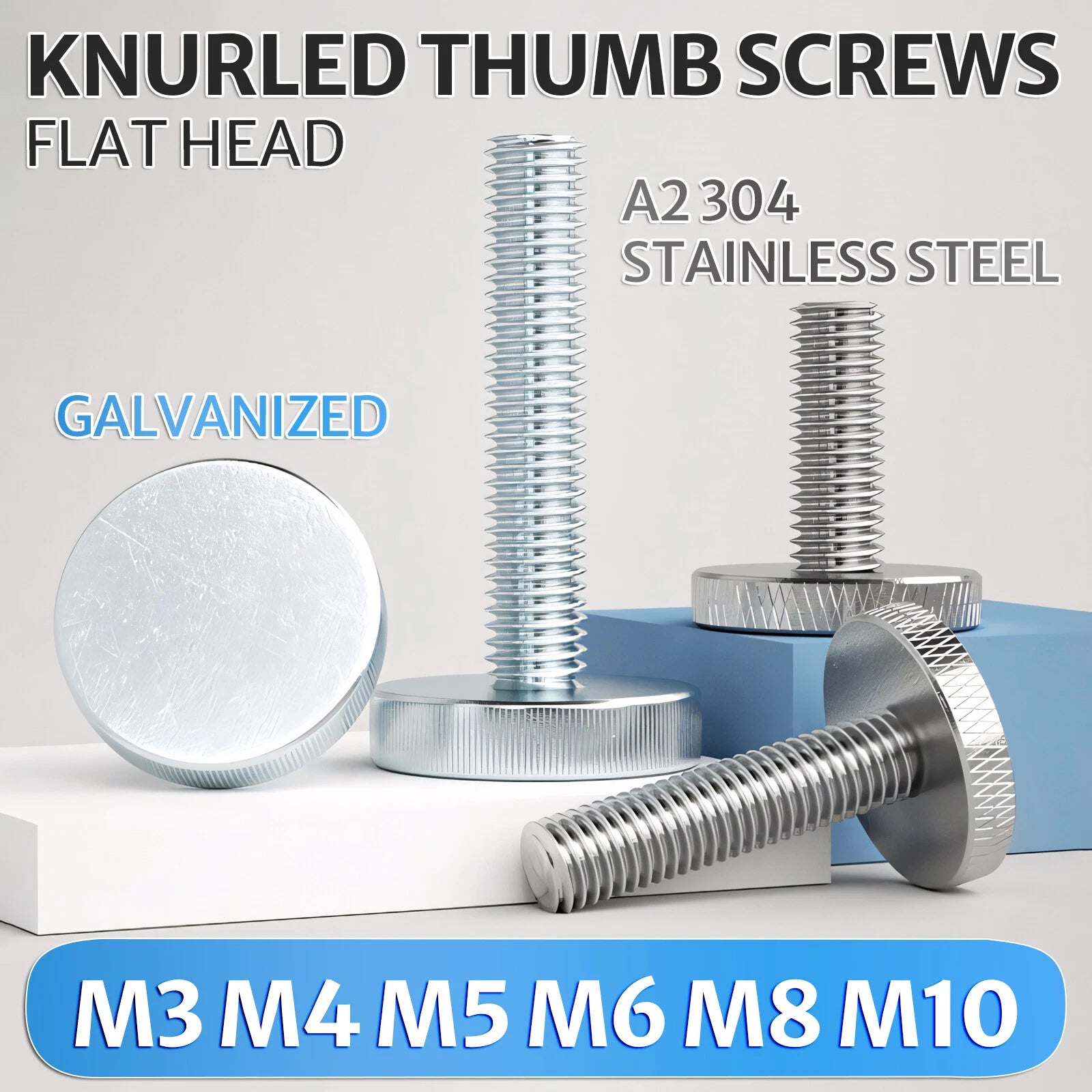Knurled Thumb Screws with Large Flat Head — A2 Stainless Steel & Galvanized, M3 to M10