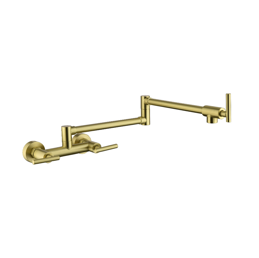 3-Handle Wall Mounted Pot Filler Faucet โ Brushed Gold, Swing Arm, Hot & Cold Water, Solid Brass
