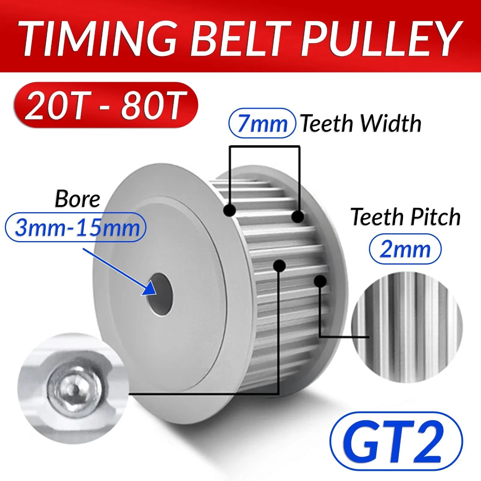 GT2 Timing Belt Pulley 20T - 80T Bore 4mm-15mm (7mm Teeth Width) For 3D Printer