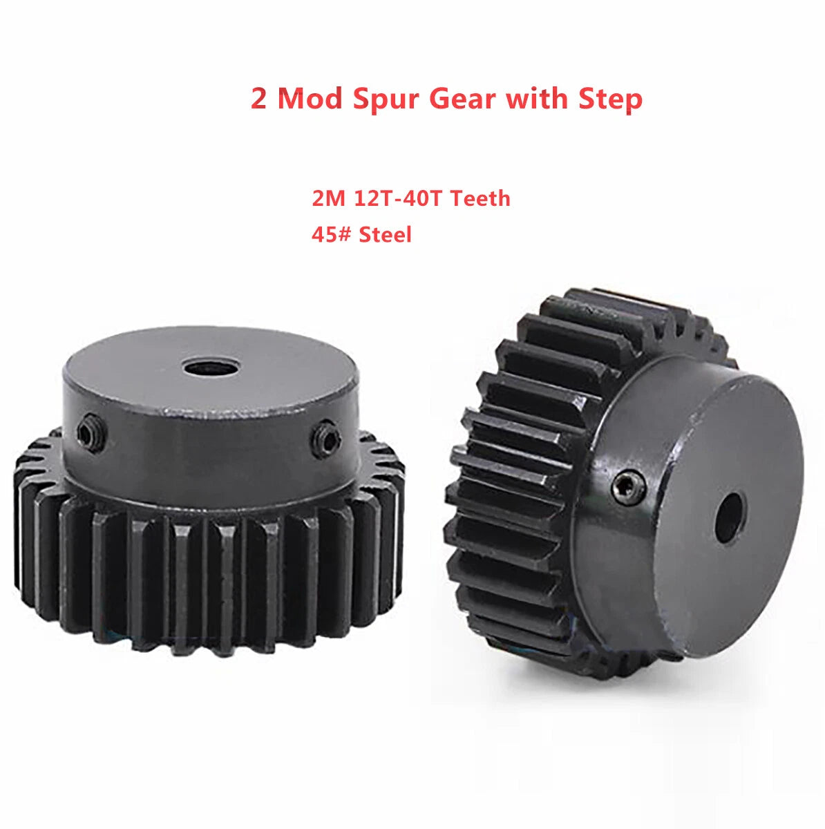 2 Mod Spur Gear 2M 12T-40T Teeth Transmission Gear w/Step 45# Steel Motor Gear