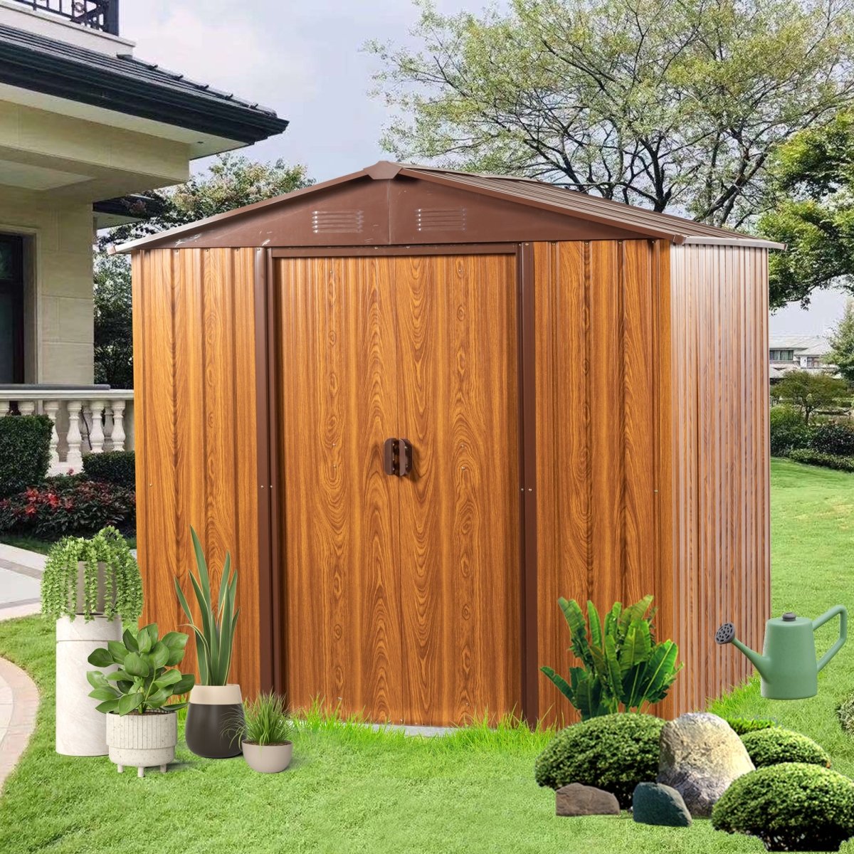 6 Ft. W X 6 Ft. D Metal Storage Shed Appealing horizontal siding in woodgrain with coffee trim to complement - HomeDIYer