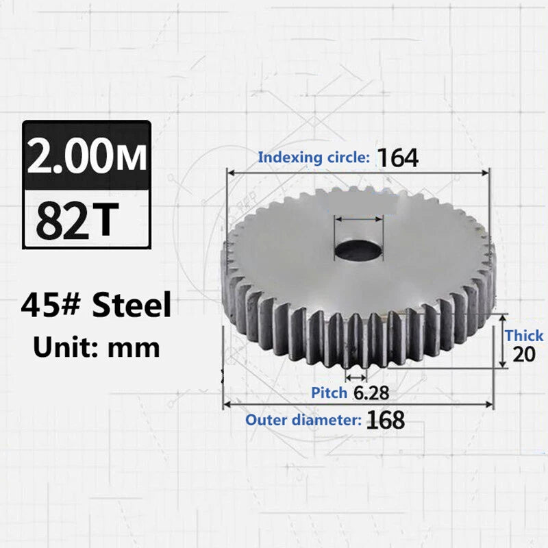 Spur Gear Cylindrical 2M 82T Tooth Pitch 6.28mm Thickness 20mm 45# Steel