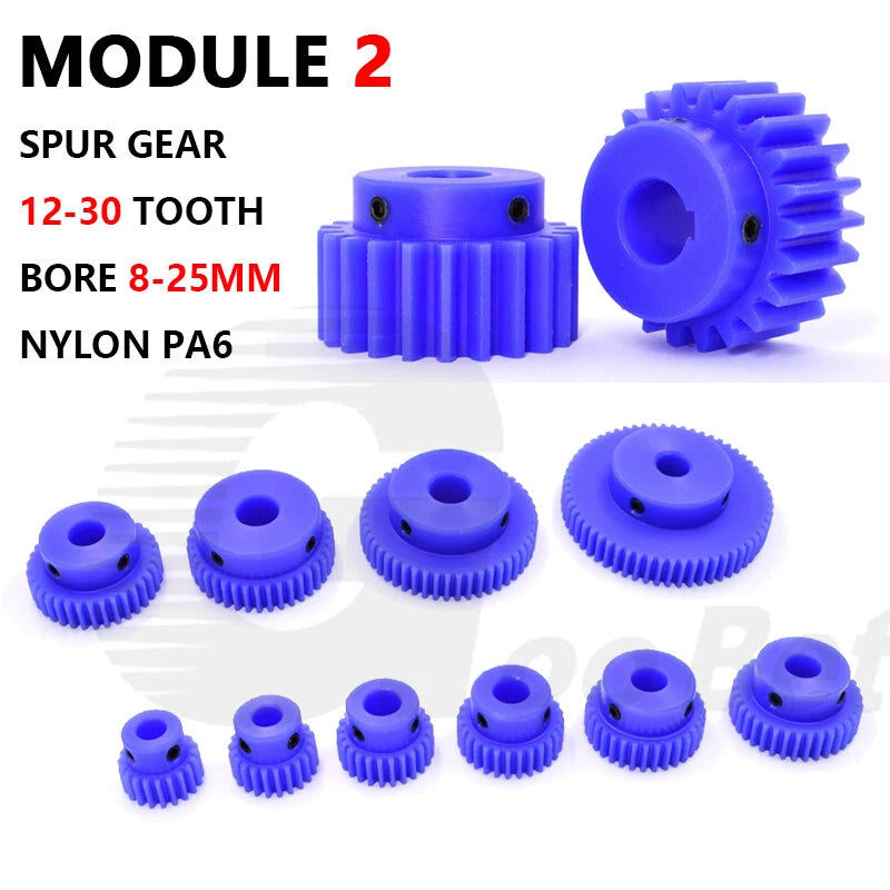 Nylon Mod 2 Spur Gear 12-30 Tooth with Step Pinion Motor Gear Bore 8mm-25mm Blue