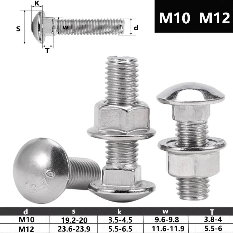 M10 M12 Carriage Bolts with Hex Flange Nuts – A2 Stainless Steel Kit