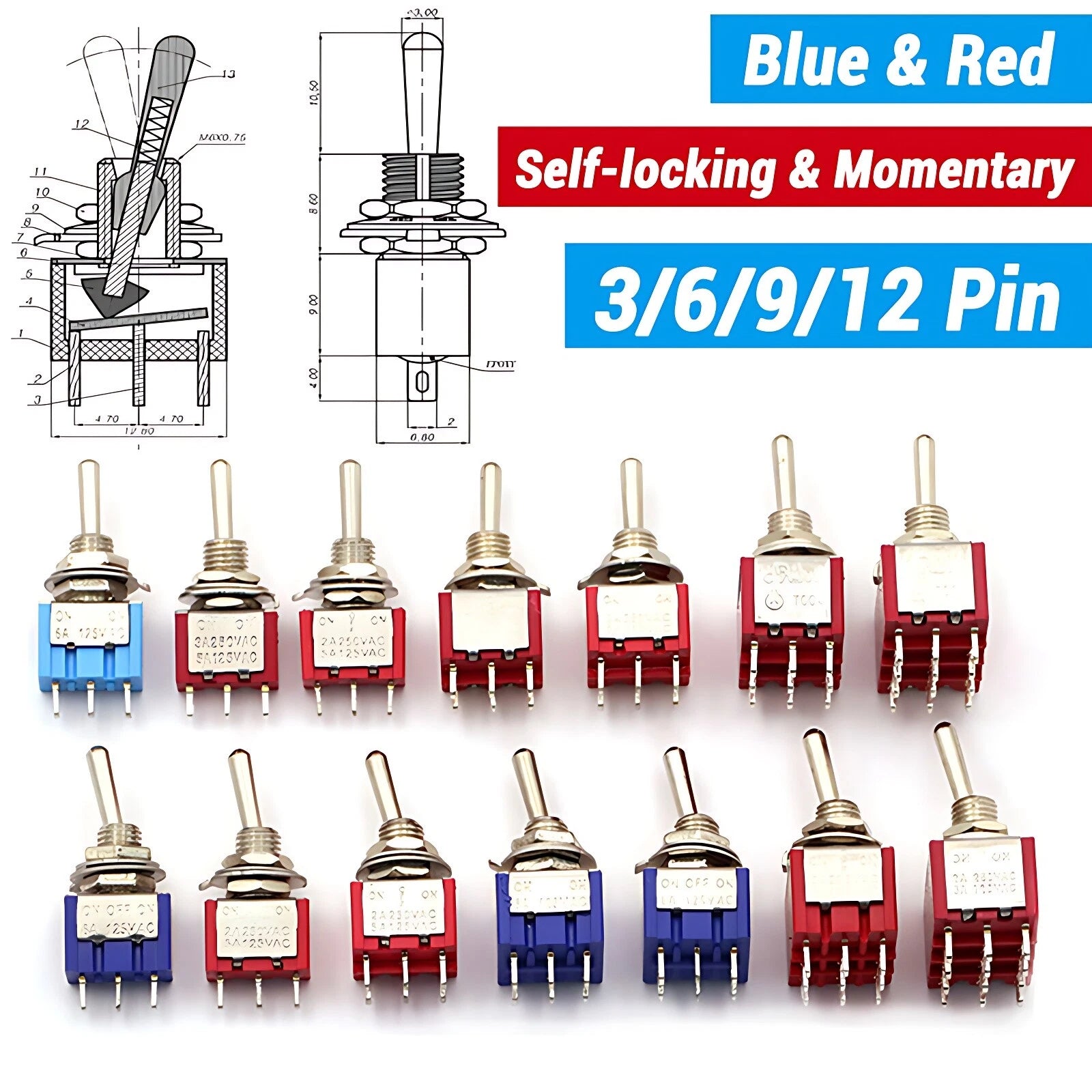 Mini Toggle Switch ON-ON ON-OFF-ON ON-NC Solder Lug 3 6 9 12 Pin | Self-Locking & Momentary