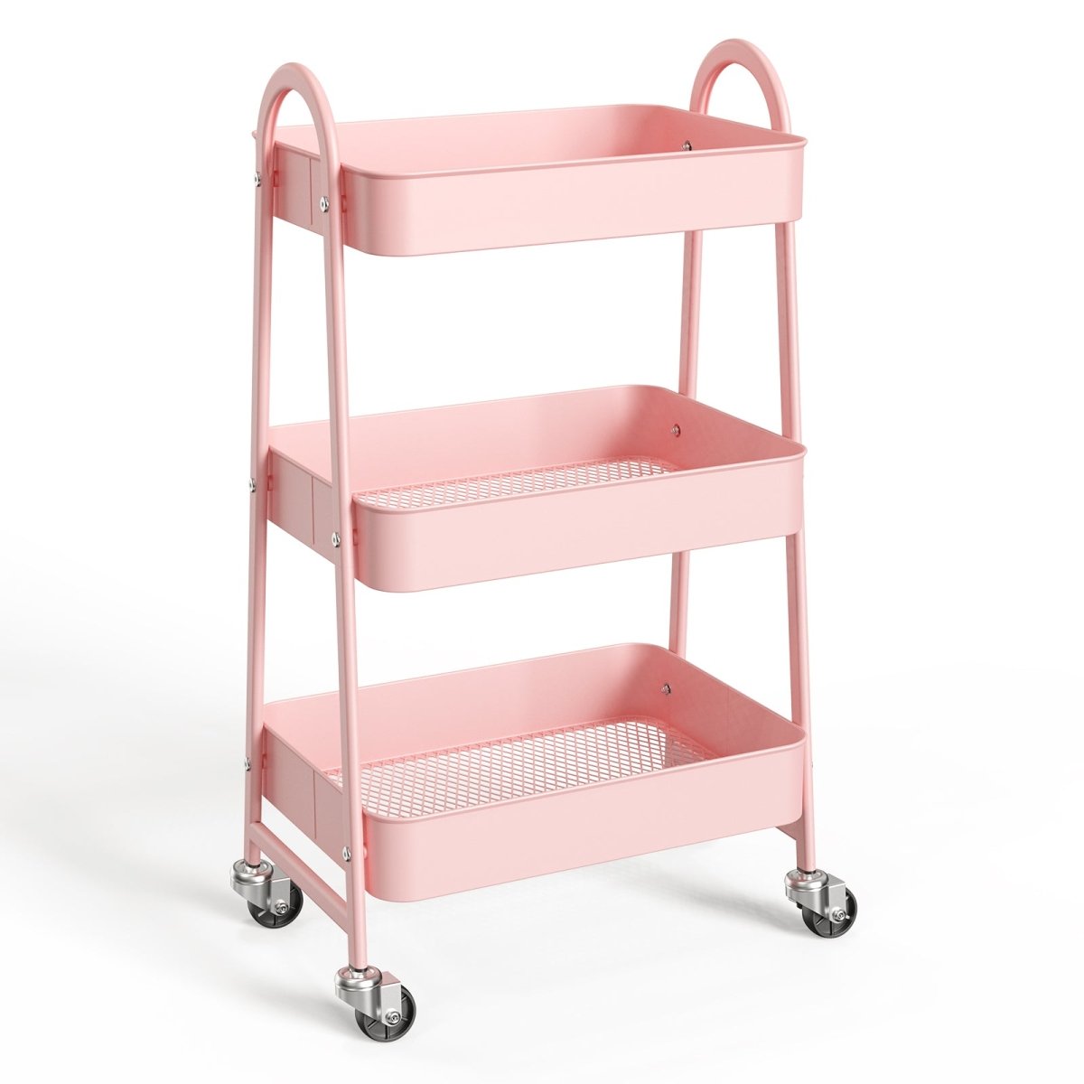 Pink 3 Tier Small Rolling Cart, Metal Utility Storage Organizer Kitchen Trolley Bathroom Laundry Room Bar Office Shelves - HomeDIYer