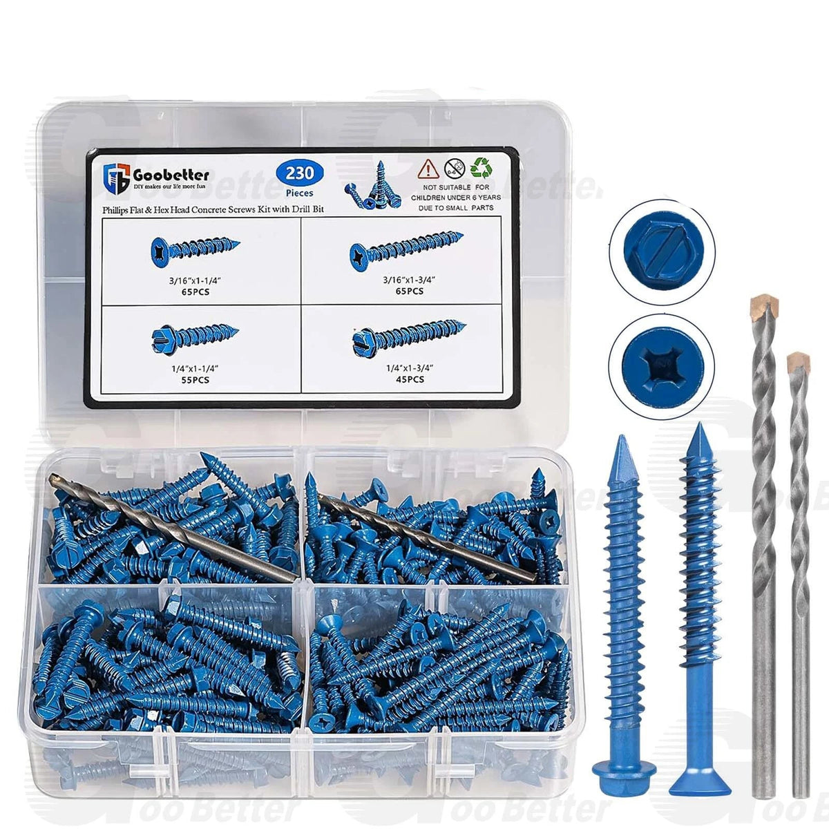 230Pcs Concrete Masonry Screws Set – Hex Washer & Flat Head 1/4" & 3/16" with Drill Bits