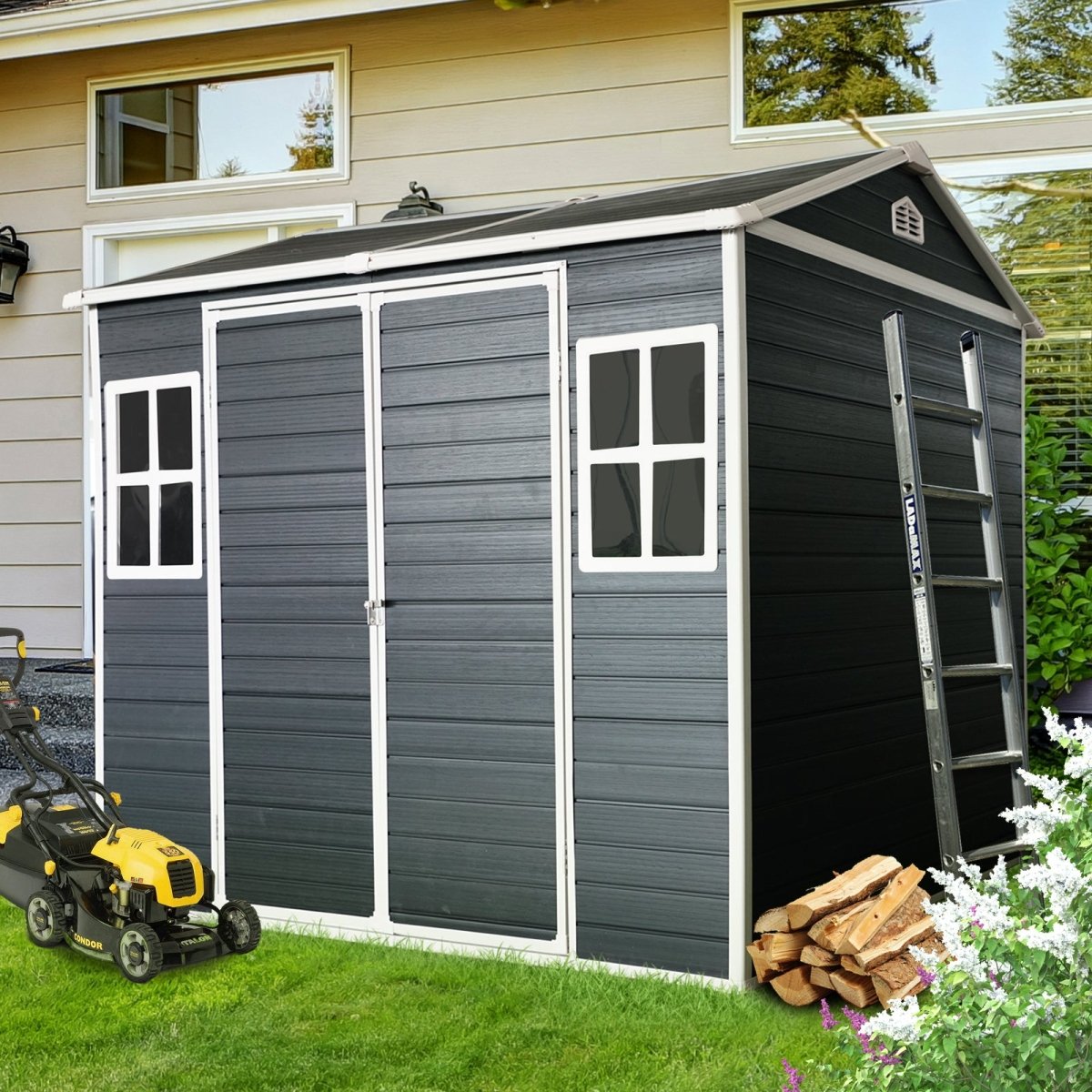 8 x 6ft Resin Outdoor Storage Shed Waterproof Shed with Floor & Two Windows & Lockable Door, Tool Shed for Garden, Patio, Backyard ,Black - HomeDIYer