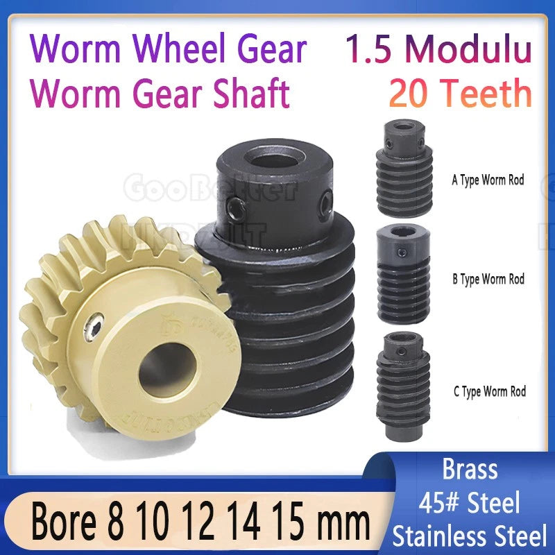 Mod 1.5 Worm Gear Wheel Brass Stainless 20 Tooth Worm Shaft 45# Steel Precision