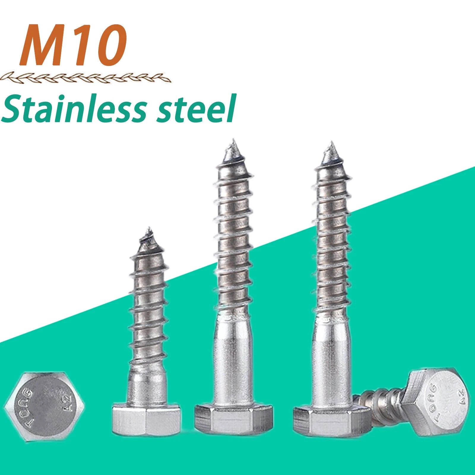 M10 10mm A2 STAINLESS STEEL SCREWS HEX HEAD LAG BOLTS WOOD SCREW BOLT DIN571