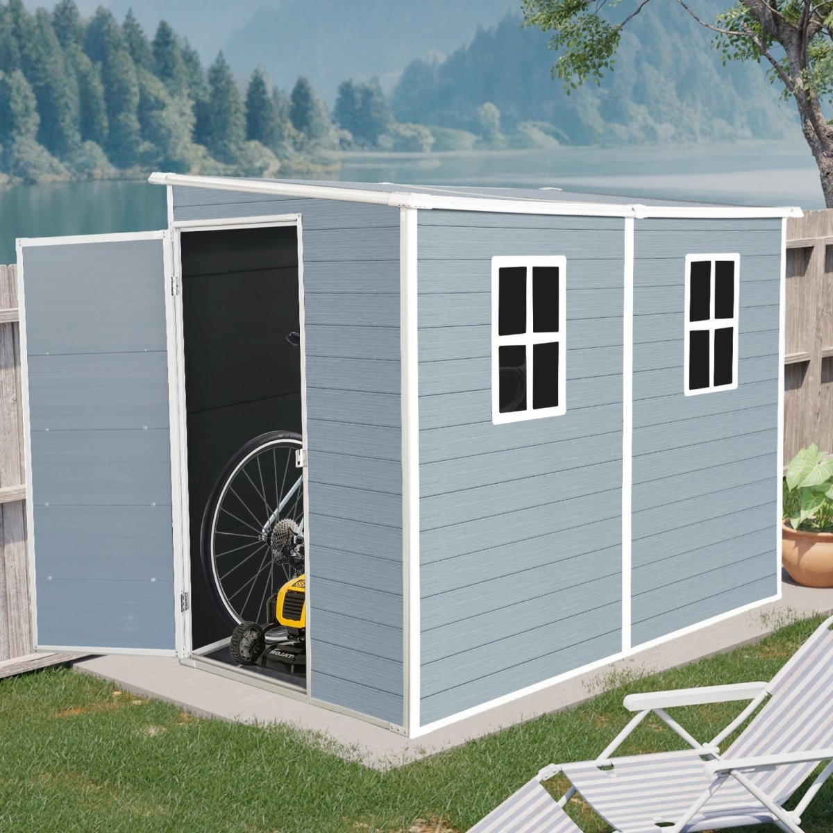 4x8ft Outdoor Storage Shed with Floor Resin shed with Two - Window, Waterproof ,Lockable Doors for Patio,Yard,Lawn - Gray - HomeDIYer