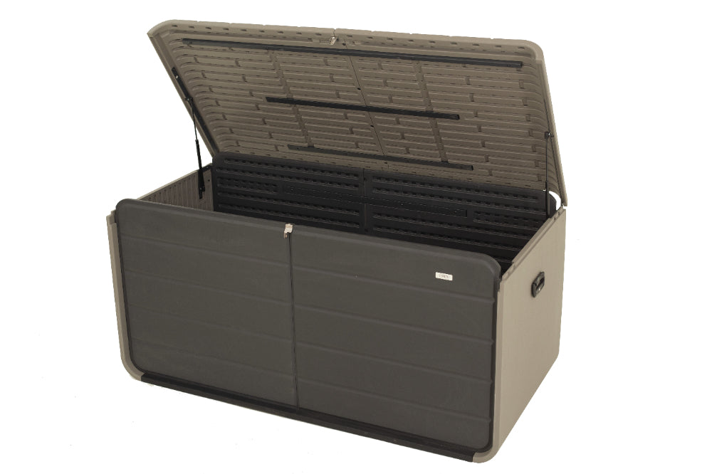 200 Gallon Plastic Deck Box – Waterproof Outdoor Storage Bench with Wheels & Hydraulic Lid, Gray