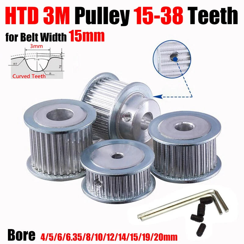 HTD3M Timing Pulley 15-38 Teeth Synchronous Wheel 15mm Belt Width 4mm-25mm Bore
