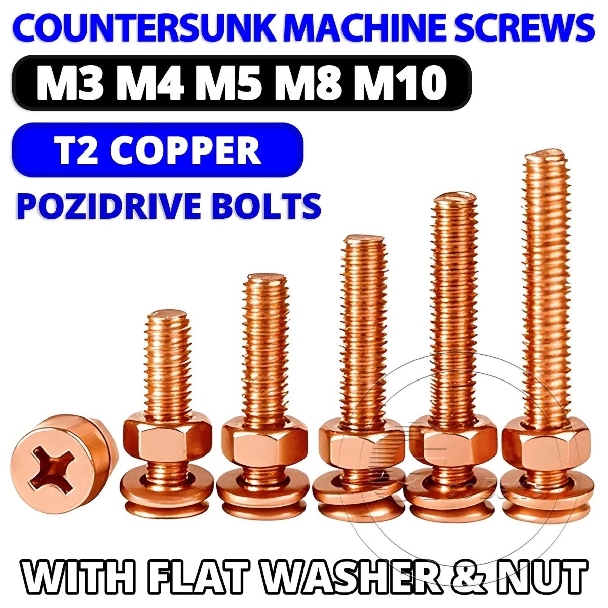 T2 Copper Pozi Countersunk Machine Screws with Flat Washer & Nut | M3–M10 - HomeDIYer