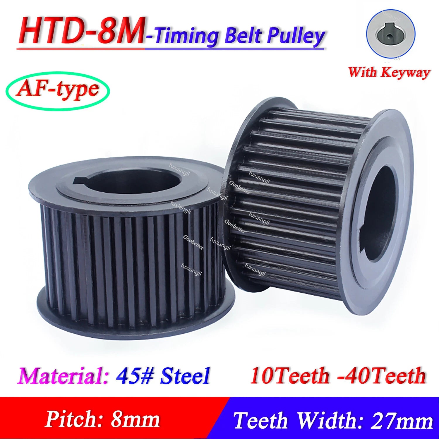 HTD-8M 12-40T Timing Belt Pulley CNC Drive Wheel Wide 27mm With Keyway 45# Steel