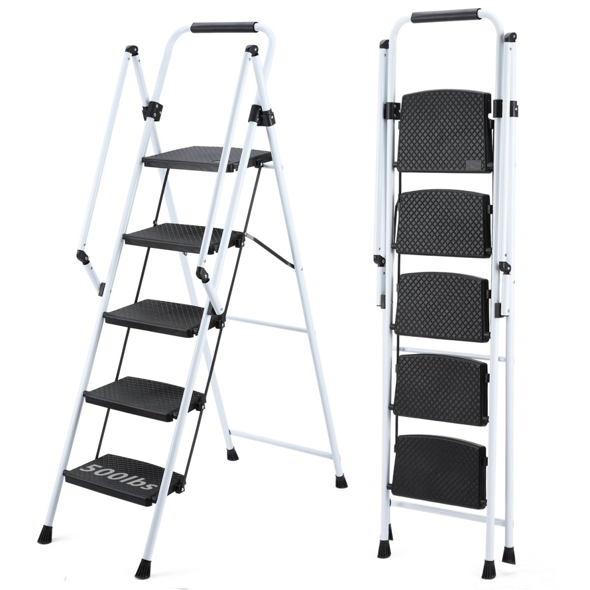 ladder, folding ladder stool, with anti slip wide pedals, steel ladder, with safety anti slip handle, lightweight 300 pound portable steel ladder stool in White 5 steps - HomeDIYer