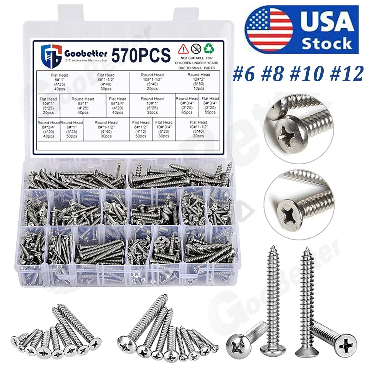 570pc #6 #8 #10 #12 Flat & Pan Head Self‑Tapping Screws – 304 Stainless Steel Kit