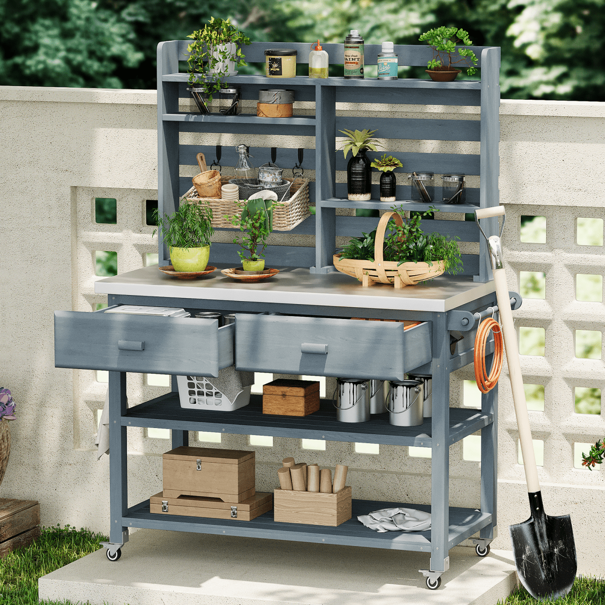 64.9"H Outdoor Potting Bench Table with Lockable Wheels, Solid Wood Outdoor Kitchen Island with Upper Hutch, Stainless Steel Top, Towel Rack ,Outdoor Storage for Grilling, Lawn Garden - Grey Blue - HomeDIYer