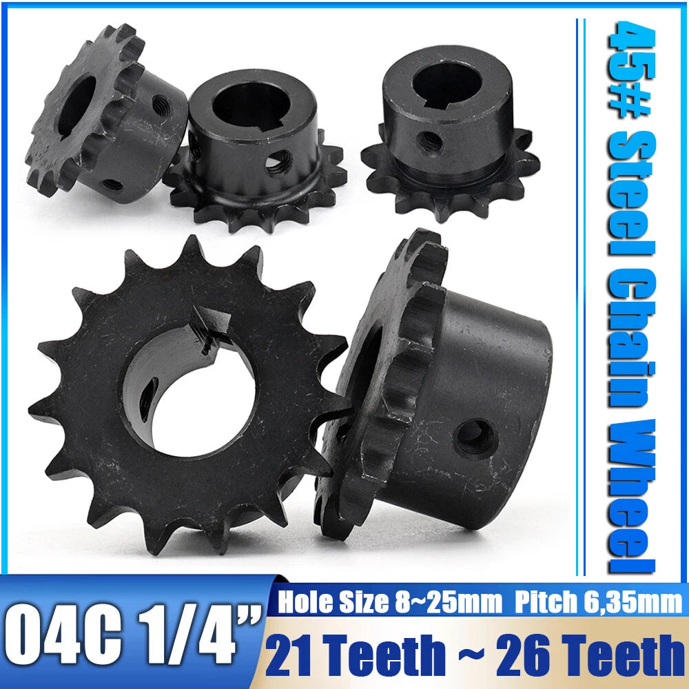 45#Steel Roller Chain Sprocket Wheel 04C Pitch 6.35mm 21~26 Teeth Bore 8~25mm