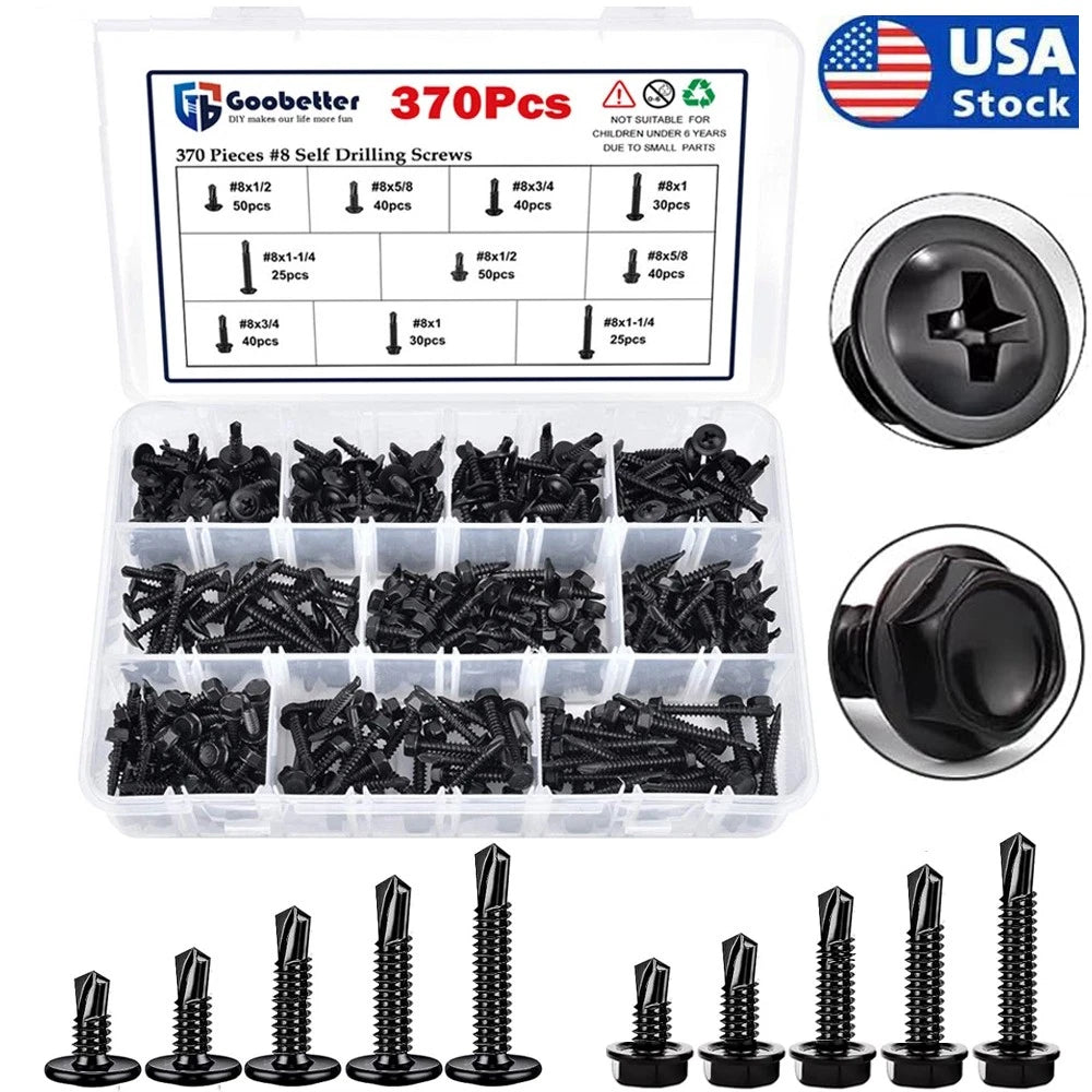 370pcs #8 Hex Washer & Truss Head Self‑Drilling Screws – 410 Stainless Steel, Black Oxide