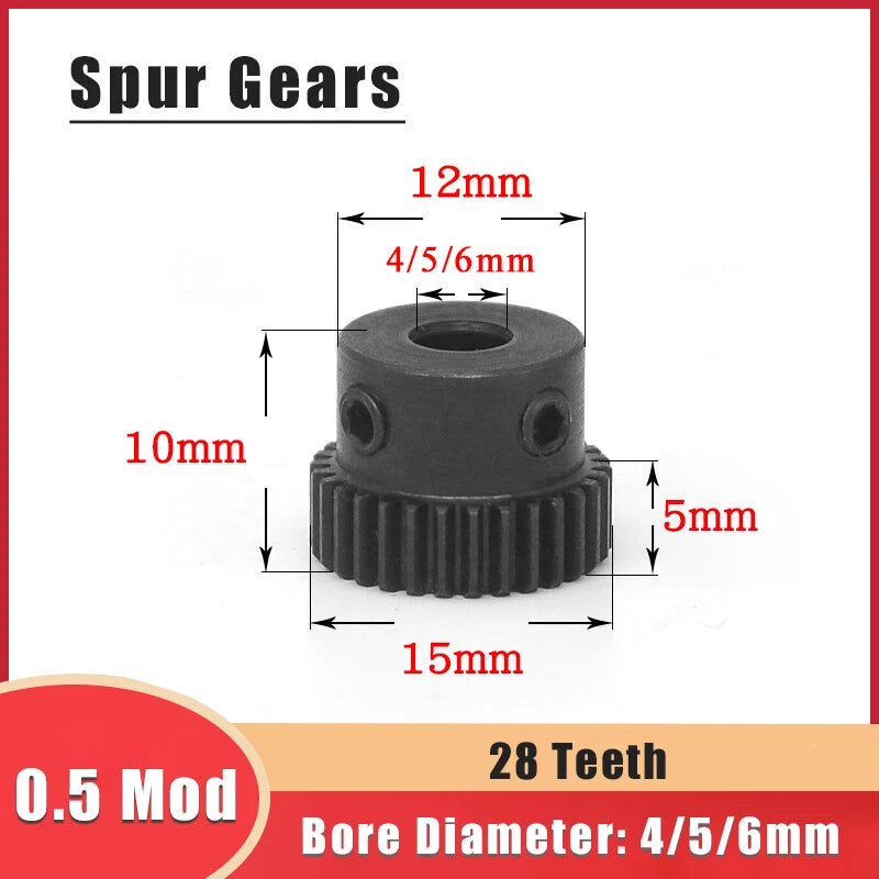 0.5 Mod 28 Teeth Spur Gear Bore 4/5/6mm Motor Gears Transmission Gears 45# Steel