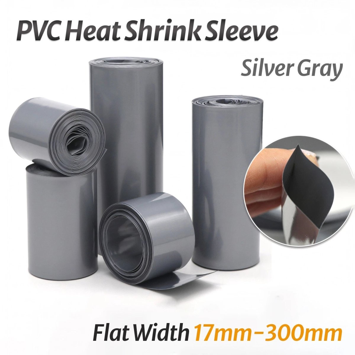 PVC Heat Shrink Tubing for Battery Wrap — Silver Gray, Flat Width 17–300mm - HomeDIYer