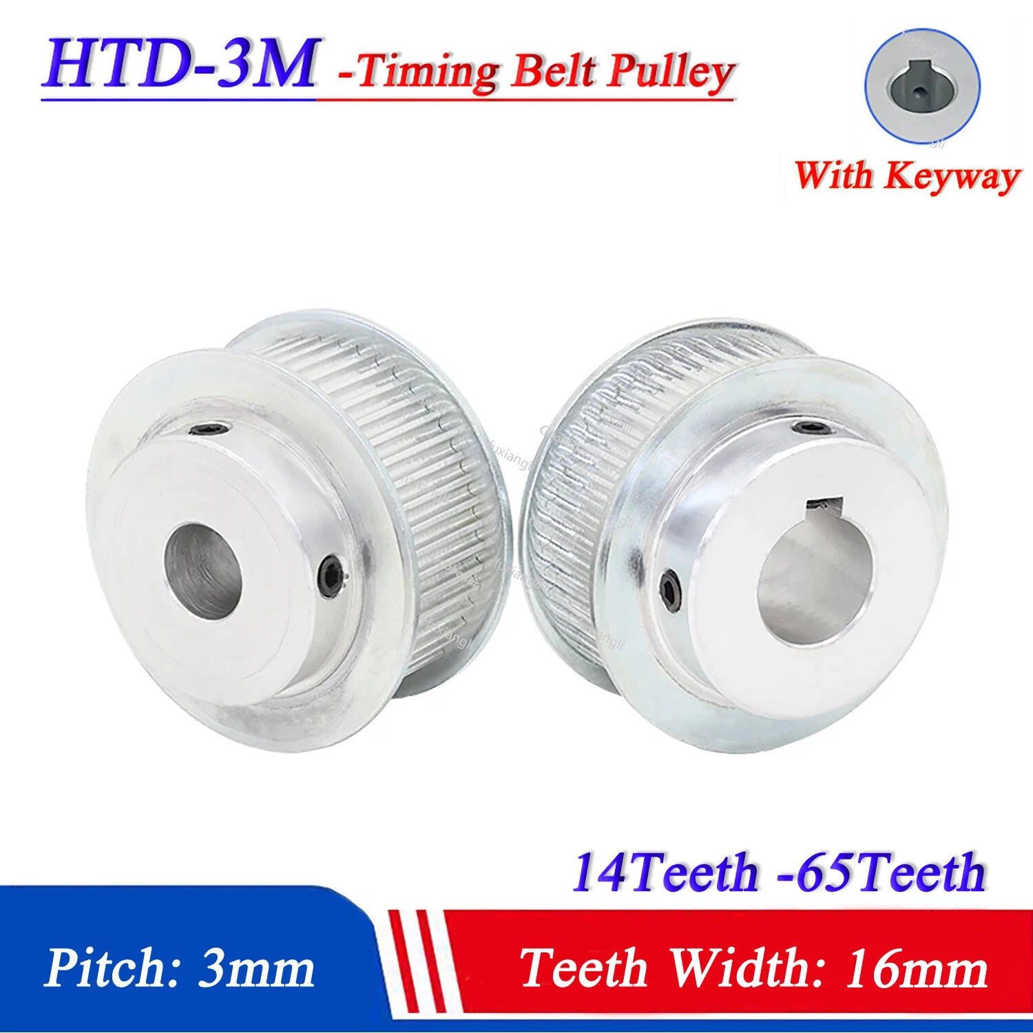 HTD-3M 14T-65T Timing Belt Pulley Pitch 3mm With Keyway CNC Drive Width 16mm