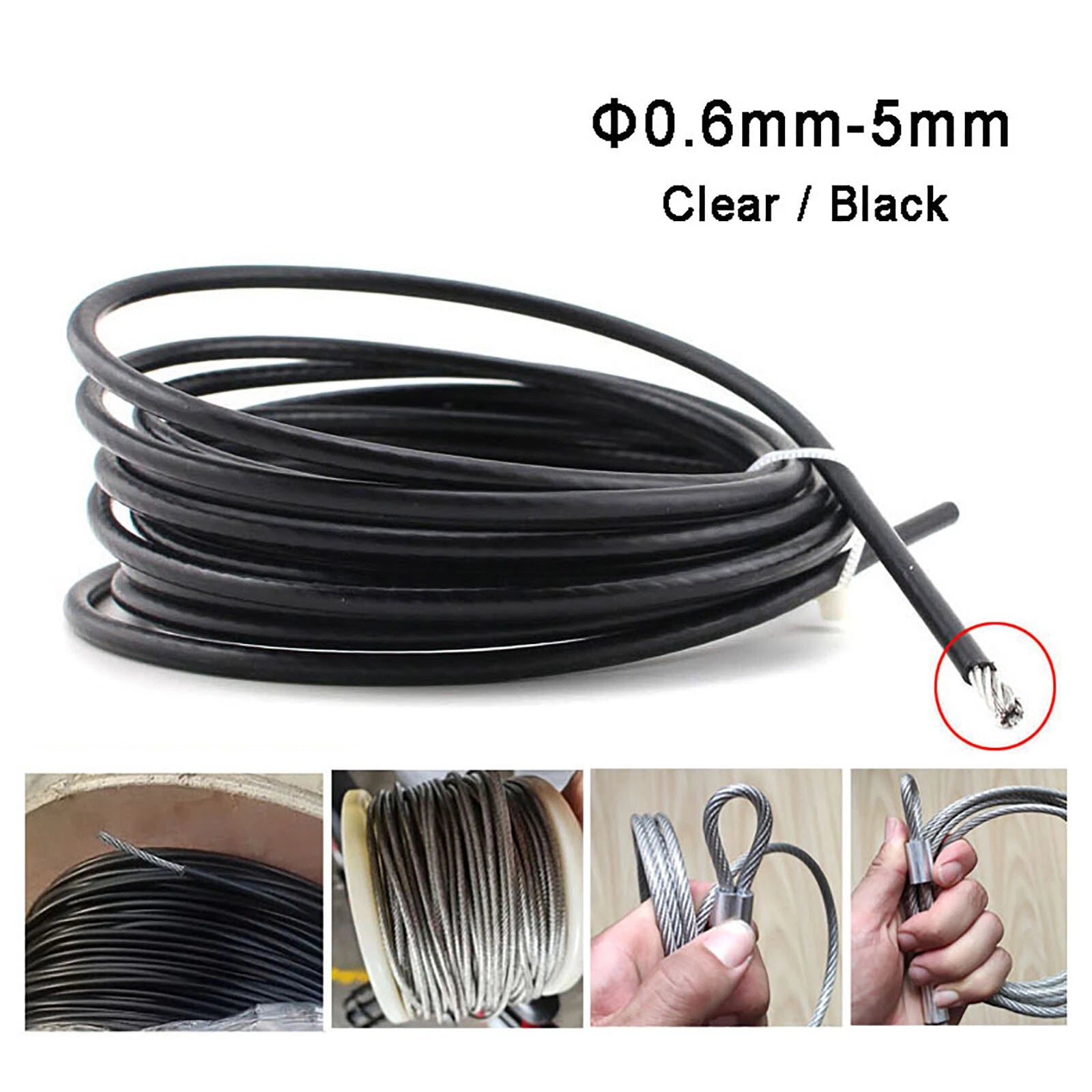 Stainless Steel Wire Rope Lifting Metal Cable Clear Black PVC Coated Φ0.6mm-5mm