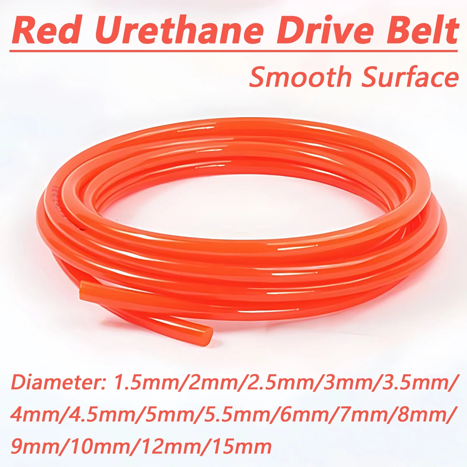 Red Polyurethane Round Drive Belt — Smooth Surface, 1.5mm to 15mm Diameter