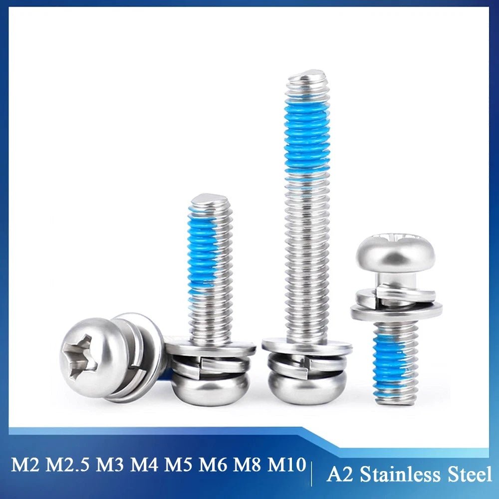 A2 Stainless Steel Phillips Pan Head Machine Screws with Flat & Spring Washers — M2 to M10 - HomeDIYer