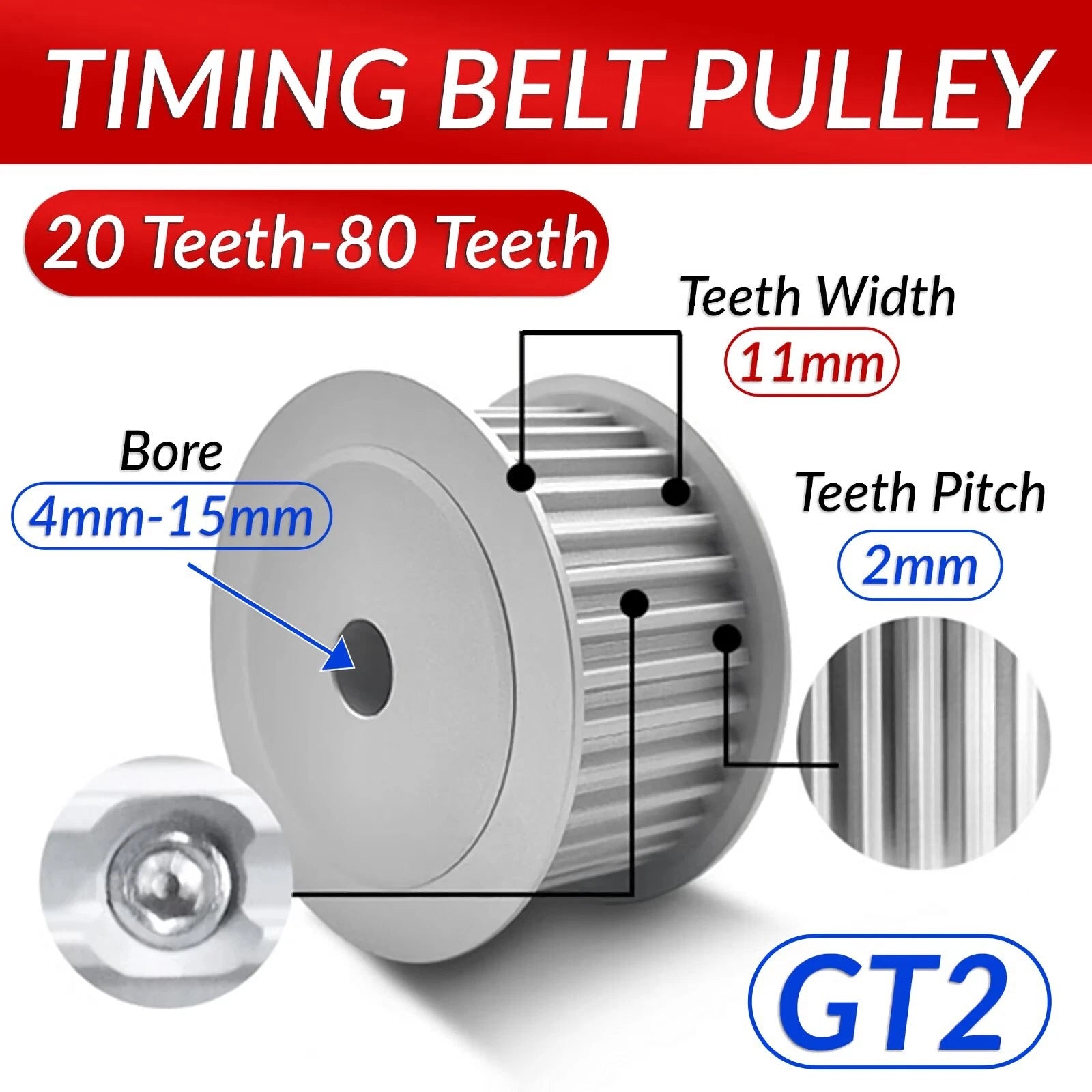 GT2 Timing Belt Pulley 20T - 80T Bore 4mm-15mm (11mm Teeth Width) For 3D Printer