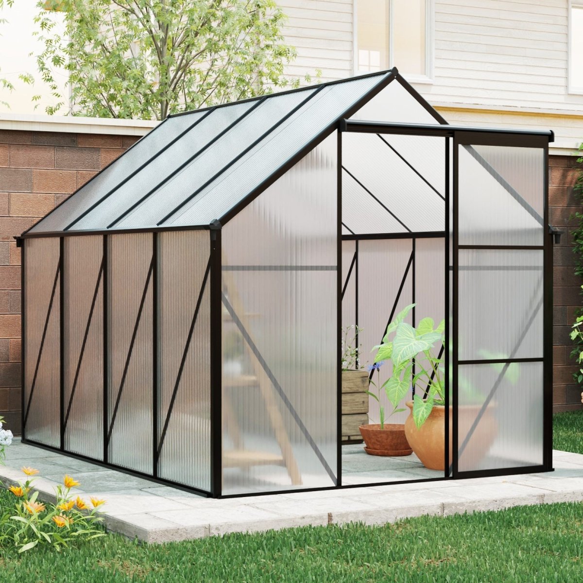 6x8 FT Polycarbonate Greenhouse Raised Base and Anchor Aluminum Heavy Duty Walk - in Greenhouses for Outdoor Backyard in All Season - HomeDIYer