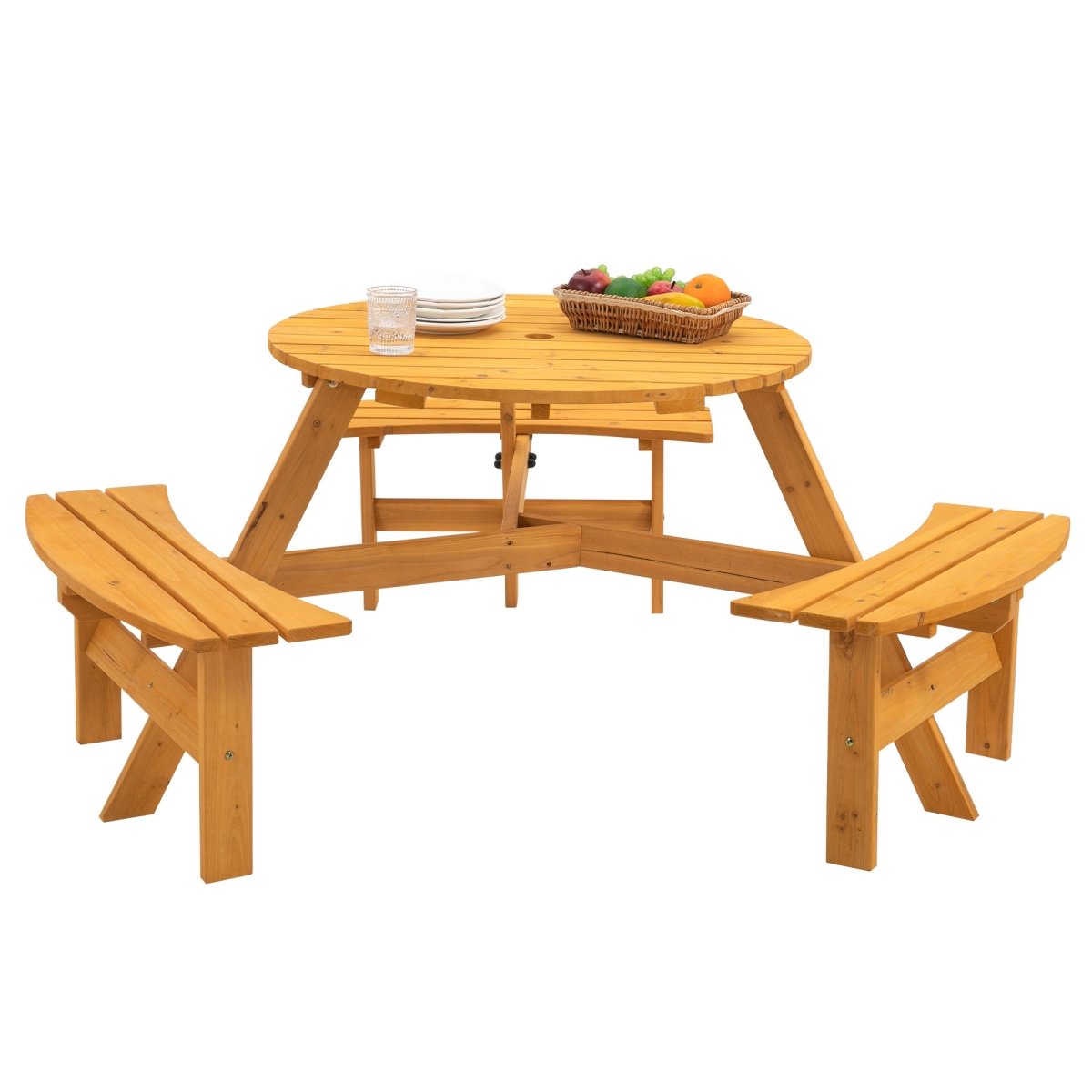 6 - Person Circular Outdoor Wooden Picnic Table for Patio, Backyard, Garden, DIY w/ 3 Built - in Benches, 1720lb Capacity - Natural - HomeDIYer