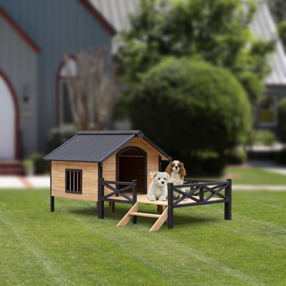 Outdoor Large Wooden Cabin House Style Wooden Dog Kennel with Porch - HomeDIYer