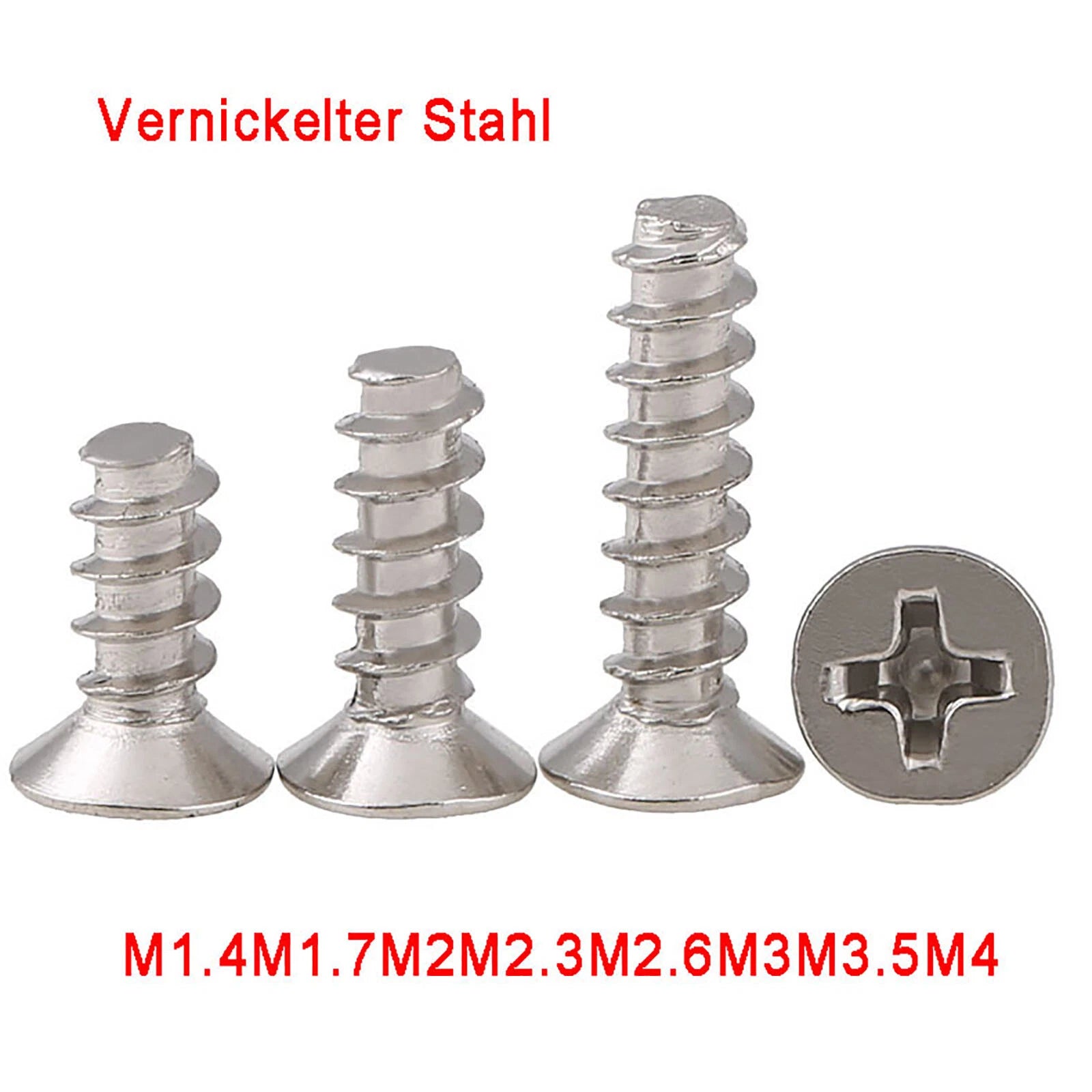 M1 M1.2 M1.4 M1.7 M2 M2.3 M2.6 M3 M3.5 M4 Flat Head Self Tapping Screws Flat Tail – Nickel Plated Steel