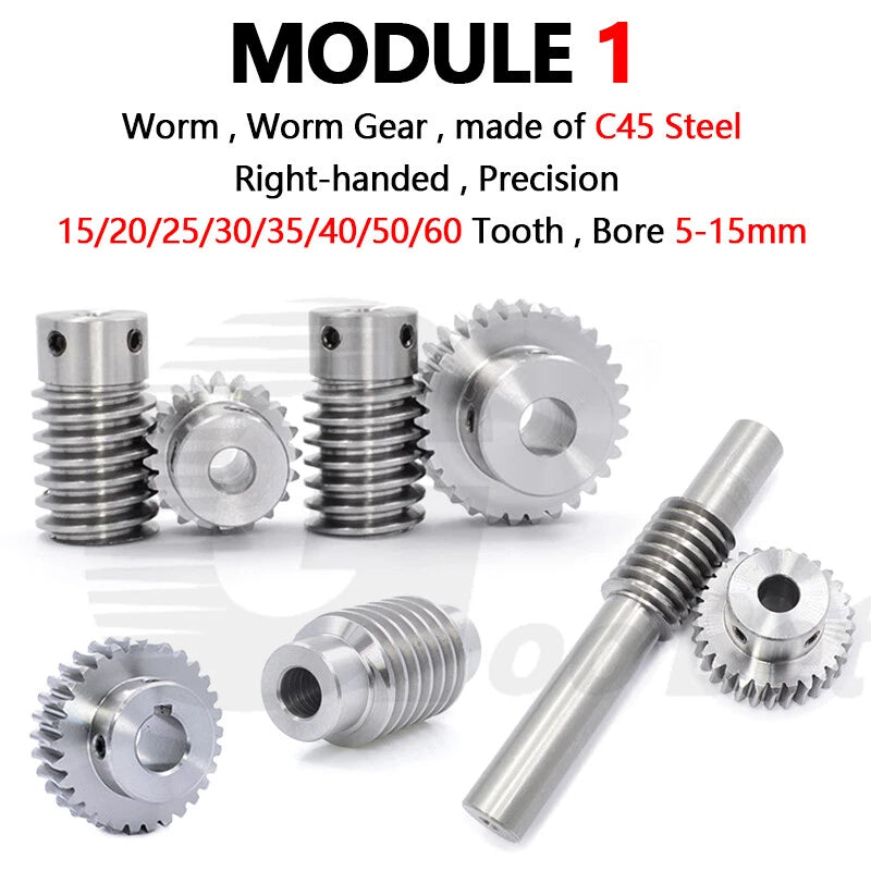 Module 1 Metal Worm Gear Wheel Worm Shaft 15/20/25/30/35/40/50/60 Teeth 45 Steel