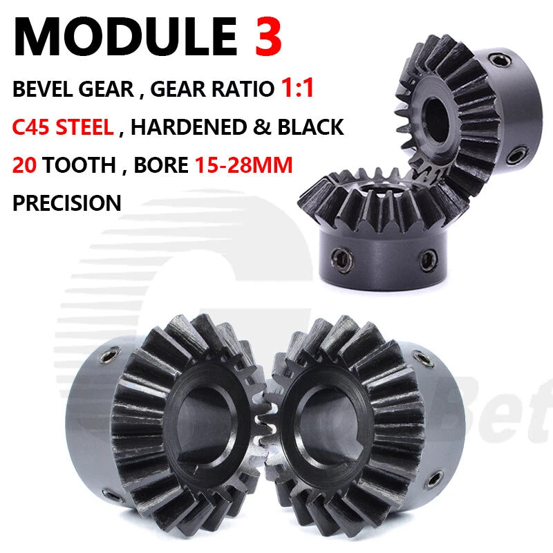 Module 3 Bevel Gear C45 Steel Miter Gear 90° 1:1 Pairing 20 Tooth Hardened Black