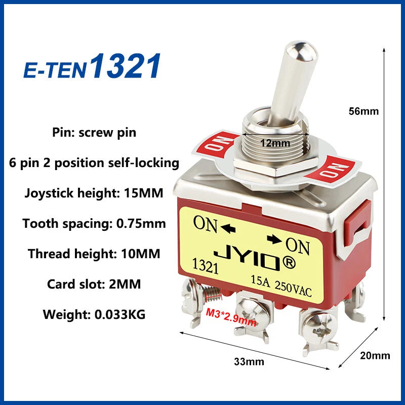 6-Pin DPDT Toggle Switch ON/OFF 2-Position 15A 250VAC – E-TEN 1321 (Car, Boat, Panel)
