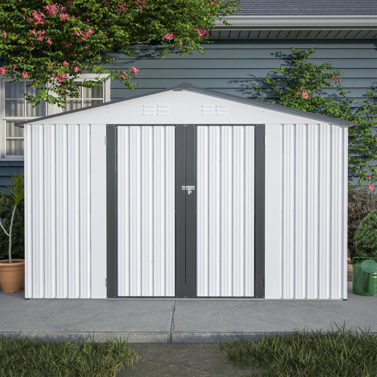 10X8 FT Outdoor Storage Shed, All Weather Metal Sheds with Lockable Doors, Tool Shed for Garden, Patio, Backyard, Lawn, Grey - HomeDIYer