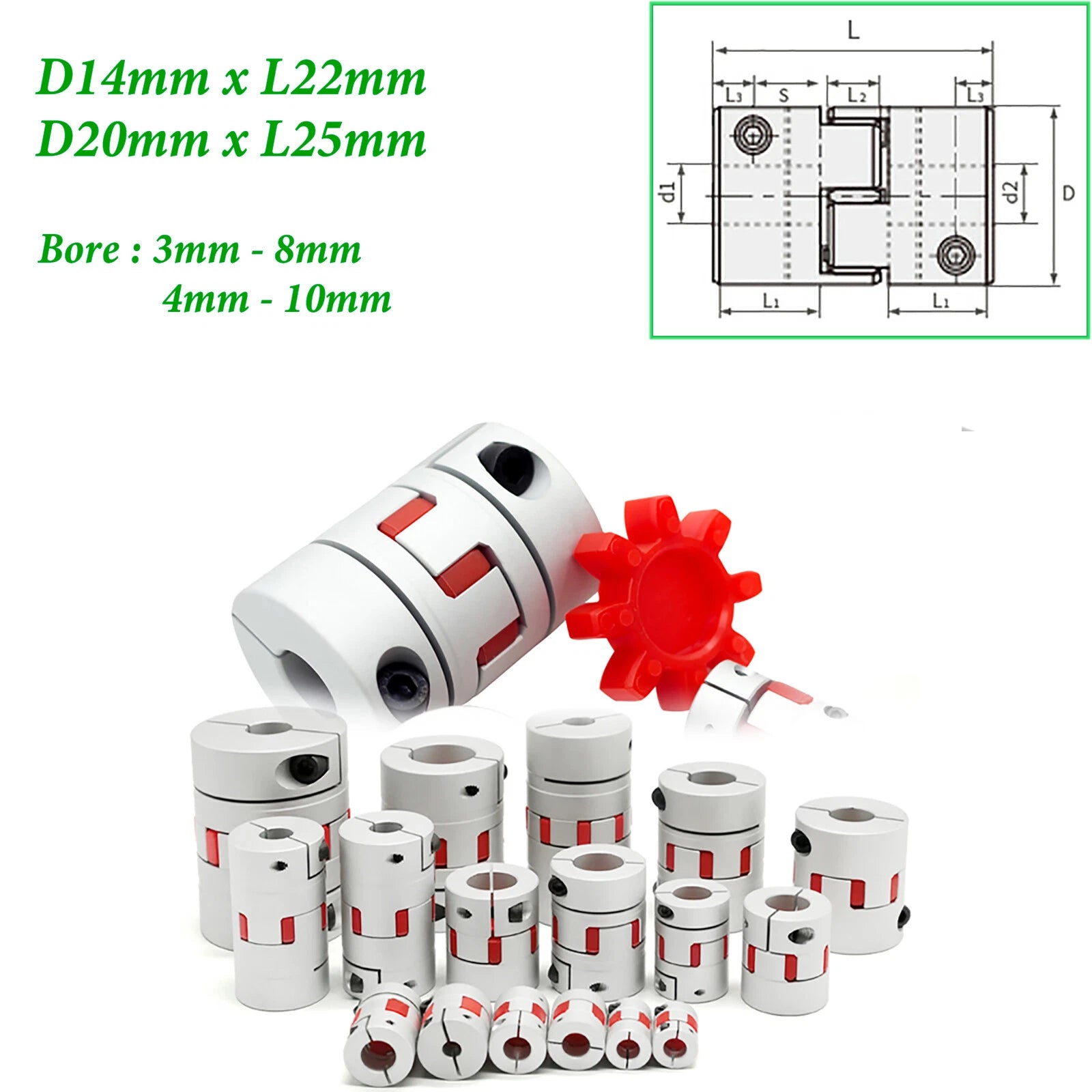 14/20mm CNC Shaft Coupler Flexible Coupling Spider Splined Jaw Plum Pumps/Motor