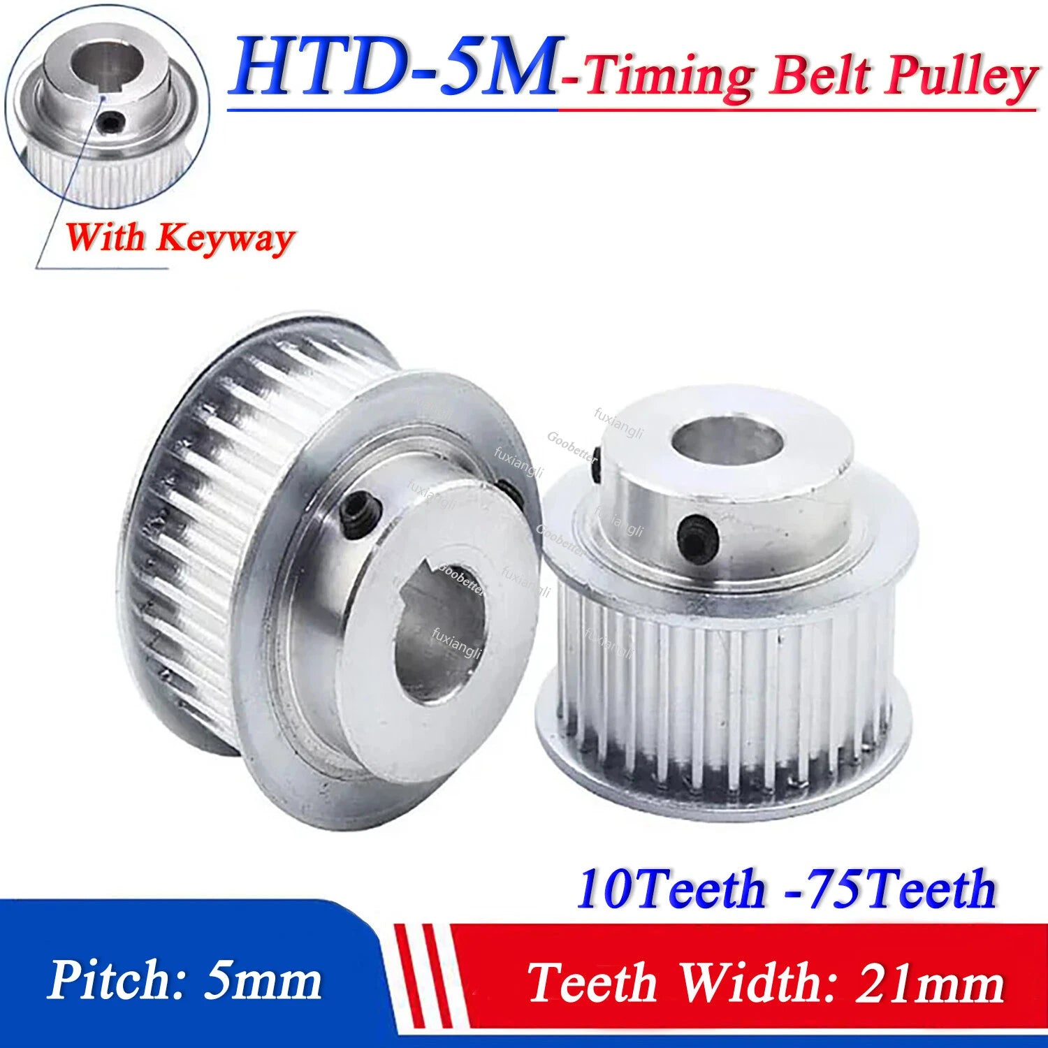 HTD-5M 10-75T Timing Belt Pulley Pitch 5mm With Keyway CNC Drive Wheel Width21mm