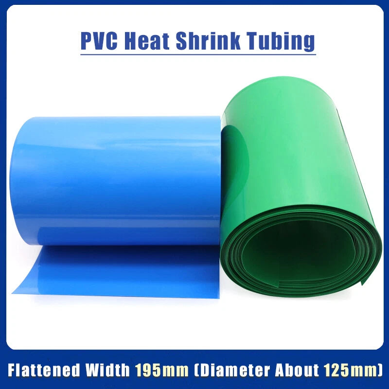 195mm Flat Width PVC Heat Shrink Tubing Battery Sleeve — Green & Blue, 0.12mm / 0.2mm Wall